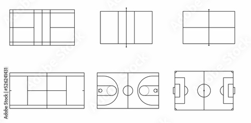thin line Sport court set isolated on white background.soccer, tennis,table tennis, badminton,basket,ping pong,wiff waff, football court vector
