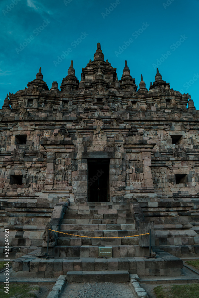 Plaosan Temple, a Buddhist temple relic of the ancient Mataram kingdom with a magnificent building and still very clean with a blue sky background Plaosan Temple, a Buddhist temple relic of the ancient Mataram kingdom with a magnificent building and still very clean with a blue sky background