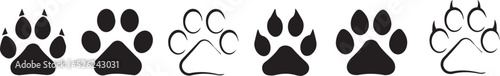 Different animal paw. Paw prints silhouette. Footprints dog and cat with claw. Imprint legs isolated on white background