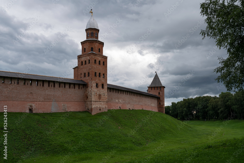 View of the wall of the Novgorod Kremlin and Kokouy Tower on a summer day, Veliky Novgorod, Russia