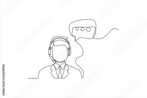 Single one line drawing Call Center Operator Wearing Headphone. Customer service concept. Continuous line draw design graphic vector illustration.