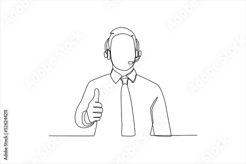 Single one line drawing businessman or helpline operator in headset showing thumbs up Customer service concept. Continuous line draw design graphic vector illustration.