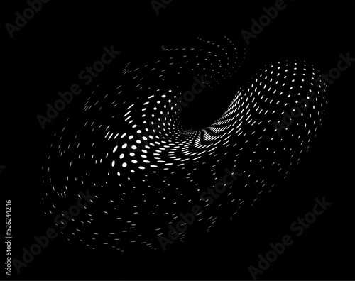 Dot halftone transparent swirl on dark background. A gauzy perforation contour of dots, strokes, spots. Vector stencil.