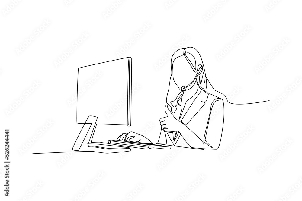 Single one line drawing woman operator with headset and computer makes a gesture with her thumb up. Customer service concept. Continuous line draw design graphic vector illustration. - obrazy, fototapety, plakaty 