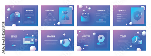 Glassmorphism infographic. Glass shapes with morphism icon and gradient for calendar or mail. Website interface template. Internet search. Online banking. Vector web landing pages set