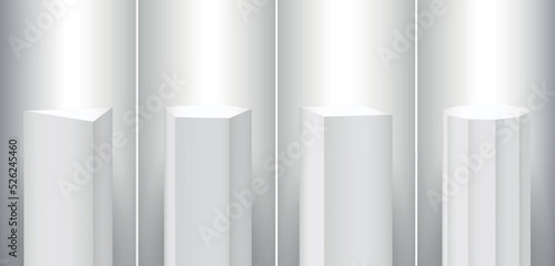 White podium stand, 3d pedestal with spotlight, product platform with studio light. Square base for presentation background, pillar box stage, column block different shapes. Vector elements