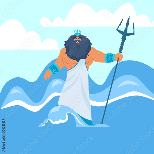 Cartoon Greek god. Poseidon with trident. Ocean waves. Neptune in sea water. Powerful male mythical character. Muscular man in toga and crown. Olympus deity. Vector cartoon illustration