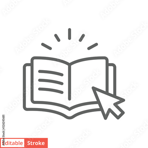 Online library icon. Simple outline style. Open book with cursor, digital course, e-learning, internet education concept. Line vector illustration isolated on white background. Editable stroke EPS 10.