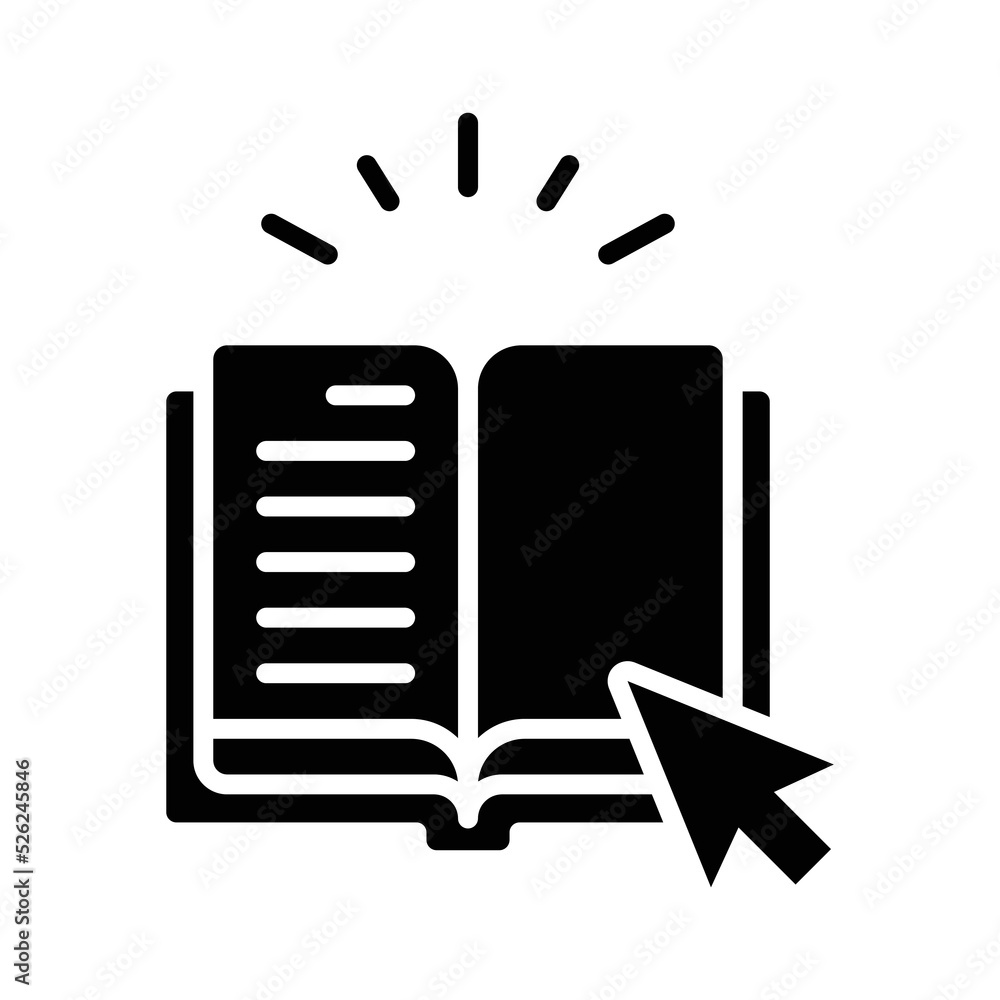 Online library icon. Simple solid style. Open book with cursor, digital course, e-learning, internet education concept. Glyph vector illustration isolated on white background. EPS 10. Online library icon. Simple solid style. Open book with cursor, digital course, e-learning, internet education concept. Glyph vector illustration isolated on white background. EPS 10.