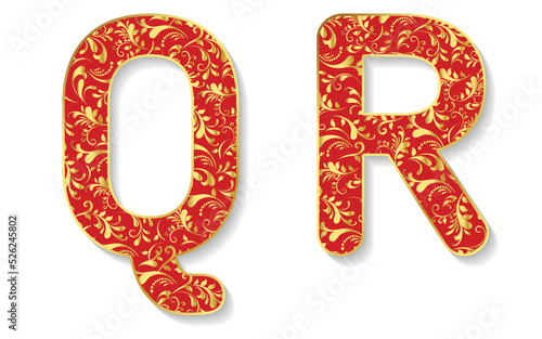 Vector floral alphabet Q R isolated on white background. Vector illustration.