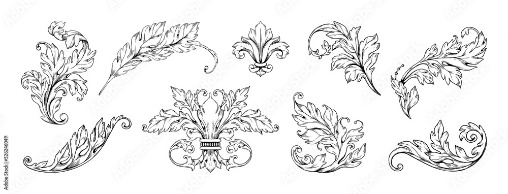 Vintage baroque ornaments. Filigree flower flourish, victorian floral swirl frame, decorative ornate. Blooming blossoms and decor leaves, isolated botanical engraving design elements. Vector set - obrazy, fototapety, plakaty 