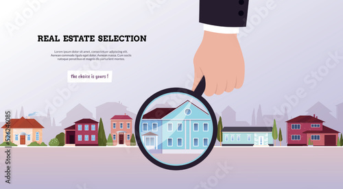 Home property for rent. Agents hand with magnifying glass. Real estate mortgage. Web banner. Residential building selection. Buy or sell. House choice for purchase. Vector background