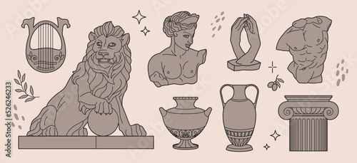 Ancient greek sculptures, leon statue, vases and column. Male body part and hands. Antique mythology silhouettes, vintage moon goddess. Vector decorative design cartoon illustration