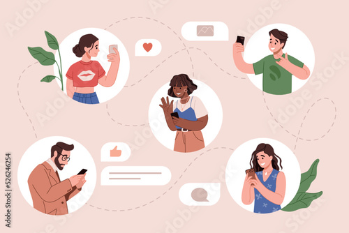 People web communication. Online smartphone app. Young characters in social chat. Users conversation. Students date. Persons send messages. Phone application. Vector cartoon illustration