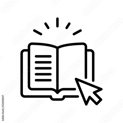 Online library icon. Simple outline style. Open book with cursor, digital course, e-learning, internet education concept. Thin line vector illustration isolated on white background. EPS 10.