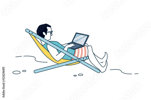 Work with laptop. Man with laptop lying on deck chair, working on vacation, freelance male character in comfortable conditions. Vector self employed guy isolated illustration