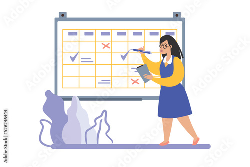 Planning schedule scene. Time management. Woman organizing work goals. Calendar on whiteboard. To do list. Task priority and daytime routine. Agenda effective control. Vector concept