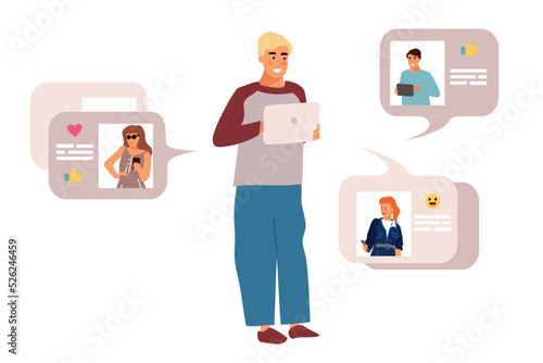 People using phone. Internet communication. Web messenger. Young character with tablet. Network conversation. Group network discussion. Guy holding device. Vector man chatting online