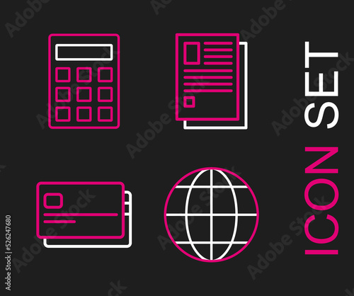 Set line Earth globe, Credit card, File document and Calculator icon. Vector