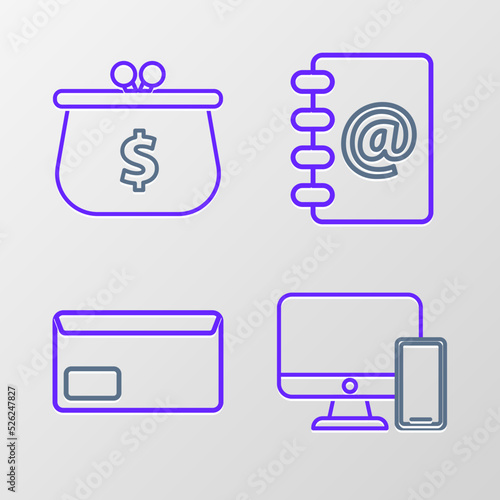 Set line Computer monitor and mobile phone, Envelope, Address book and Wallet with with dollar symbol icon. Vector