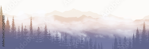 Sunrise in the mountains, ridge in the morning fog, panoramic view
