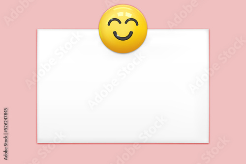 Smile pin on office paper sheet or sticky sticker isolated on a pink background. Vector yellow post note with cute smiley happy face for your design