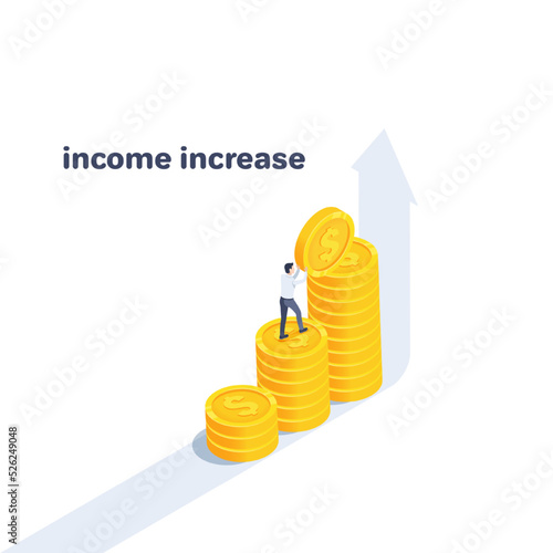 isometric vector illustration on a white background, a man in business clothes raises a gold coin on a chart of coins and an arrow going up, income increase