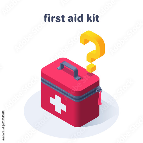 isometric vector illustration on a white background, first aid kit and question mark, how to complete a first aid kit
