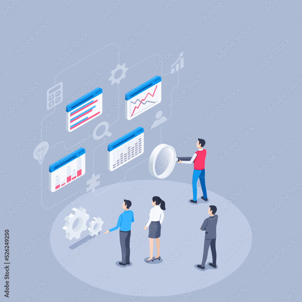 isometric vector illustration on a gray background, people in business clothes look at windows with charts, work with financial or statistical data isometric vector illustration on a gray background, people in business clothes look at windows with charts, work with financial or statistical data