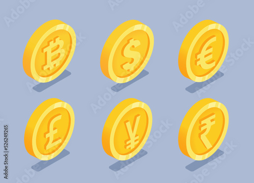 isometric vector illustration on a gray background, a set of gold coins with different icons of world currencies, money or finance