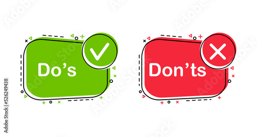 Do and don't. Do's and don'ts icons. Positive and negative symbols. Like and dislike with check mark and cross. Good and bad signs. Vector illustration.