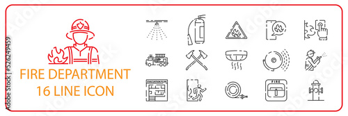 Firefighter and Fire department icon set. Included the icons as fire, fireman, burn, emergency, hydrant, alarm and more