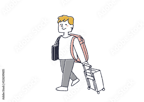 リュックとカートを引いて歩く男性　さまざまな地域を最小限の荷物で自由に旅をするバックパッカー達