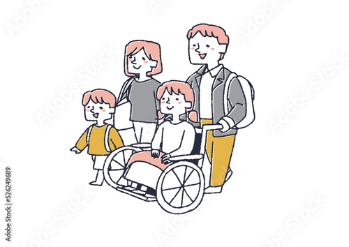車椅子の女の子と一緒に旅に出かける家族　障害者を思いやる周りの人々や社会づくり