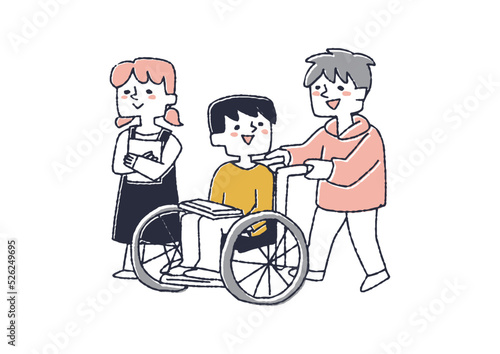 友達に車椅子を押してもらう男の子　障害者を思いやる周りの人々や社会づくり
