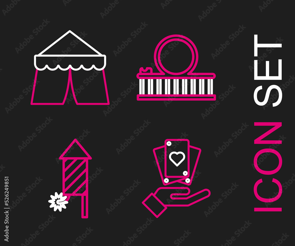 Fototapeta premium Set line Hand holding playing cards, Firework rocket, Roller coaster and Circus tent icon. Vector