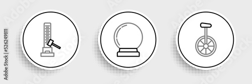 Set line Unicycle or one wheel bicycle, High striker attraction with big hammer and Magic ball icon. Vector