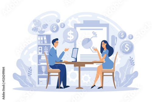 levitating financial managers, coins, diagrams. Money saving, personal finance consulting, investment management. Modern flat vector illustration for service promotion.