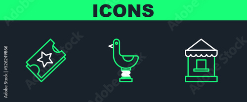 Set line Ticket box office, and Riding kid duck icon. Vector