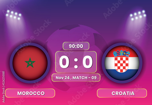 Morocco vs Croatia Football or Soccer Match Schedule with Scoreboard Broadcasts Template. Football Tournament  Football Cup  Poster  Banner  Group Stage Matches. FIFA World Cup 2022.