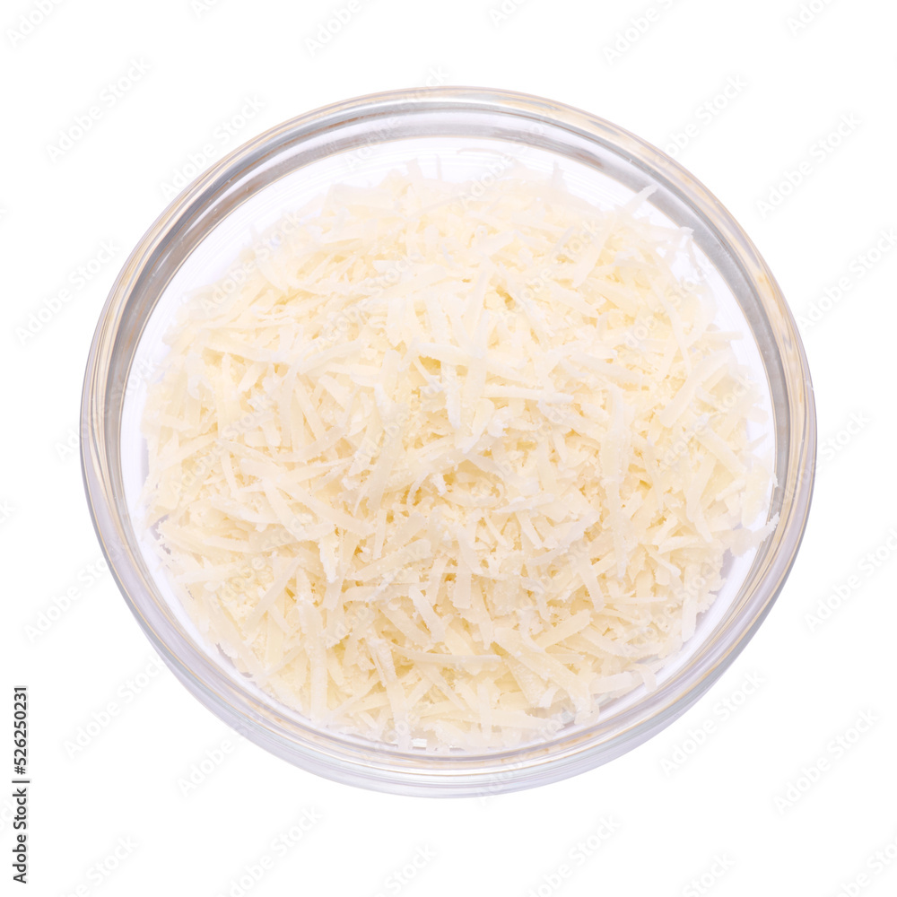 grated Parmesan cheese in glass bowl isolated on white background grated Parmesan cheese in glass bowl isolated on white background
