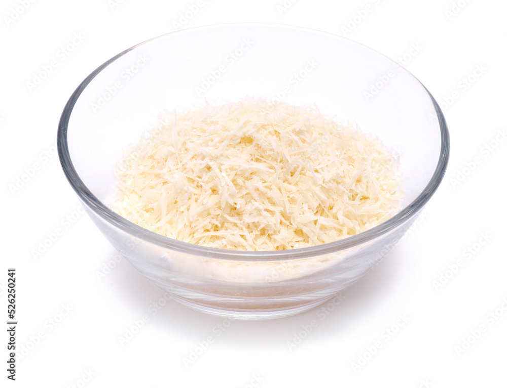grated Parmesan cheese in glass bowl isolated on white background grated Parmesan cheese in glass bowl isolated on white background