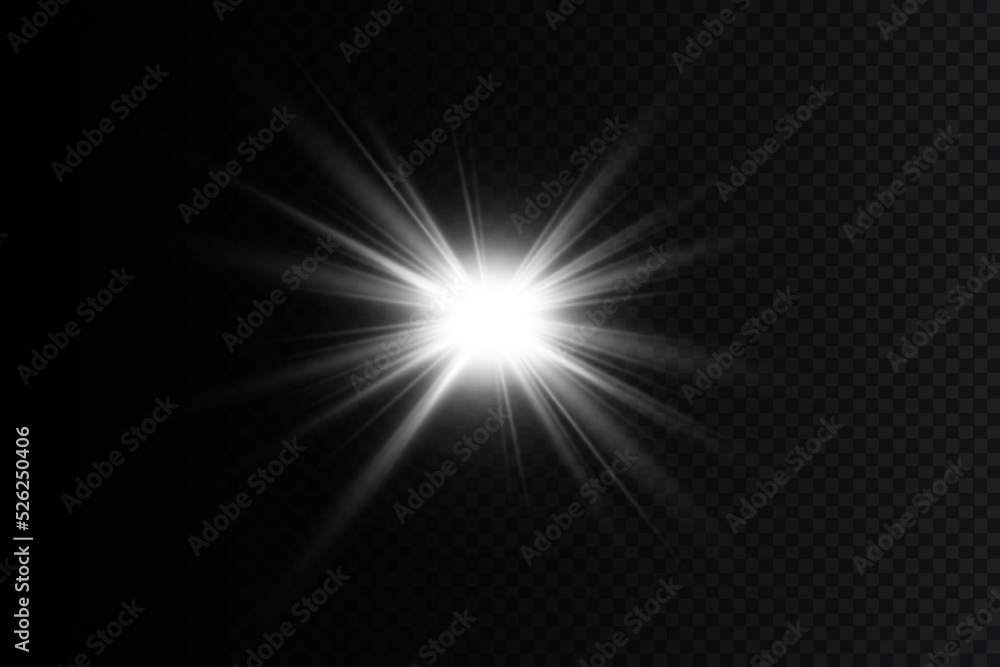 Fototapeta premium Glow effect. Star on a transparent background. Bright sun. Flash of bright particles.