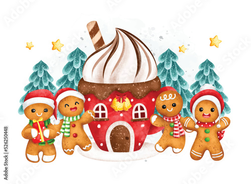 Watercolor Illustration Gingerbread and House with Chritsmas ornaments 