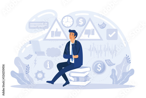 Think of solution, critical thinking to solve problem, focus on new idea, concentration or philosophy, skeptical or rational concept, flat vector modern illustration