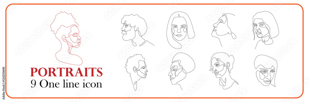 One line portraits vector set. Linear portrait human face one continuous line. Minimal linear vector logo design for eyeglass store, vision health clinic, male or female stylist and hairdresser One line portraits vector set. Linear portrait human face one continuous line. Minimal linear vector logo design for eyeglass store, vision health clinic, male or female stylist and hairdresser