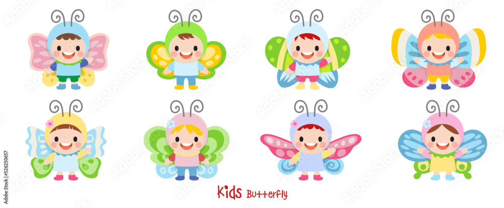 Children wearing butterfly, Flat Clipart