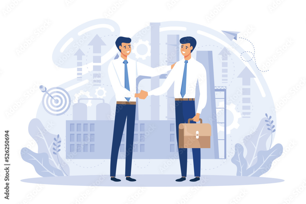 Strategic partnership, handshake gesture concept. Teamwork, brainstorming, joint search for creative strategy. flat vector illustration