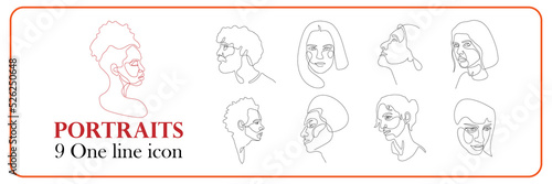 One line portraits vector set. Linear portrait human face one continuous line. Minimal linear vector logo design for eyeglass store, vision health clinic, male or female stylist and hairdresser