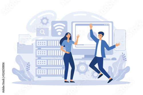 System administrators or sysadmins are servicing server racks. System administration, upkeeping, configuration of computer systems and networks concept. flat vector modern illustration